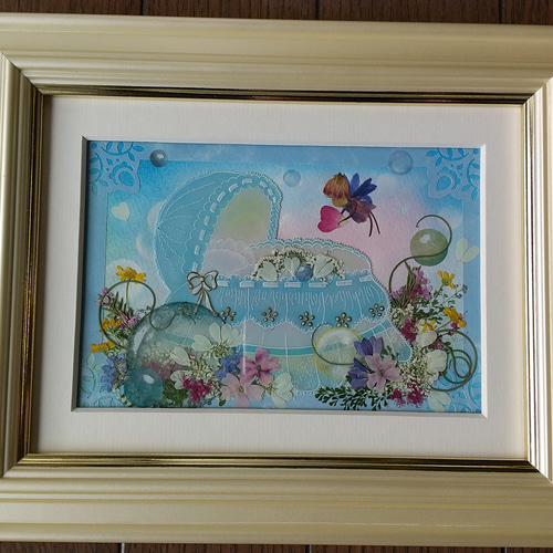 押し花アート　絵画 押し花アート「女の子とブランコ」作品付額のセットふしぎな花