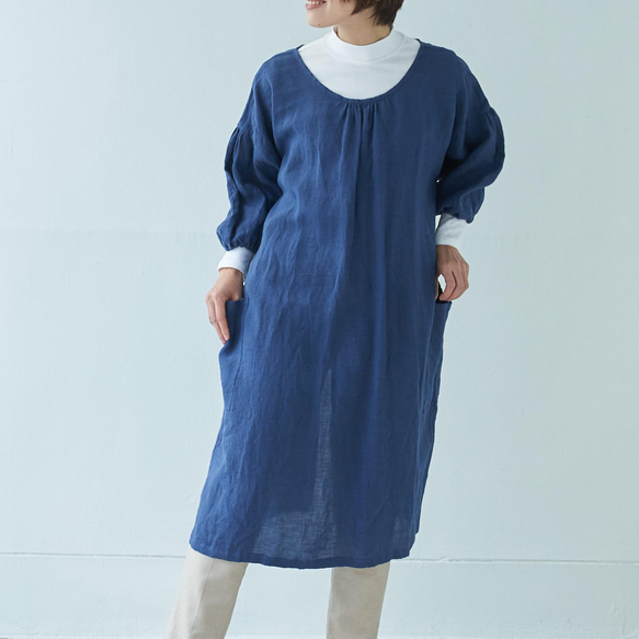 エプロンコート　apron coat / リネン　linen　ネイビー 1枚目の画像