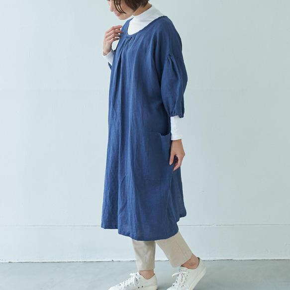 エプロンコート　apron coat / リネン　linen　ネイビー 2枚目の画像