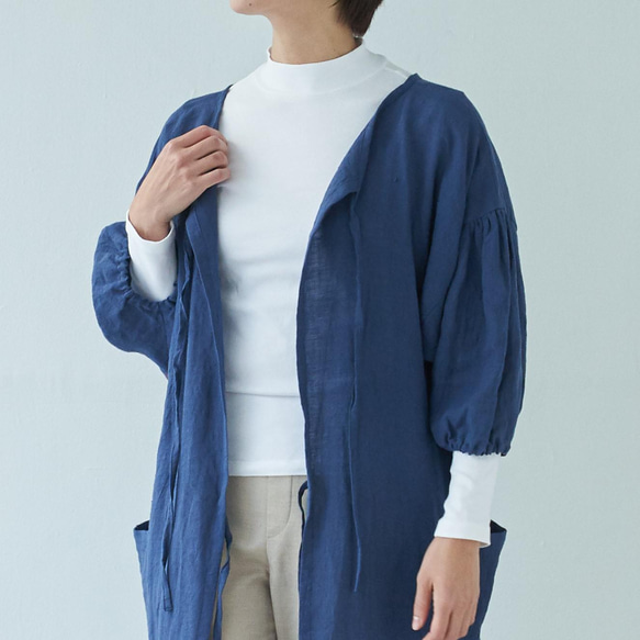 エプロンコート　apron coat / リネン　linen　ネイビー 6枚目の画像
