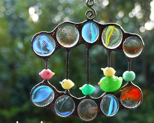 小鳥のとんぼ玉 & おはじきステンドグラスのオーナメント サン