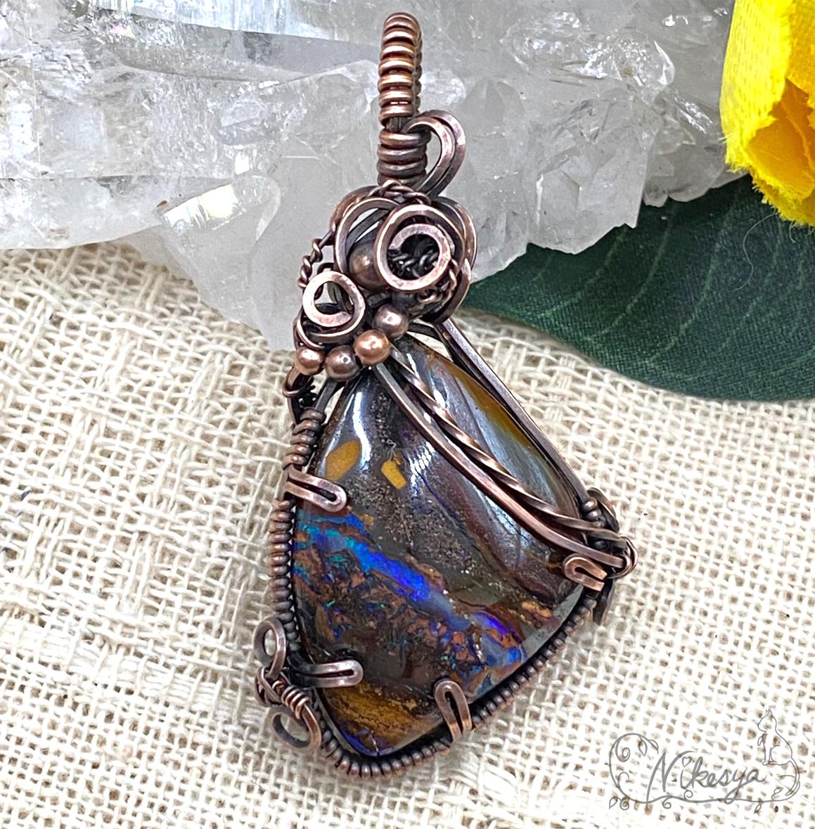 【ワイヤーアクセサリー】ボルダーオパールのペンダントトップ<青>