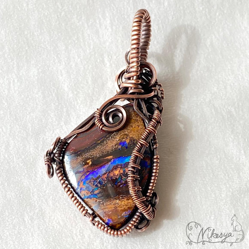 ワイヤーアクセサリー】ボルダーオパールのペンダントトップ<青