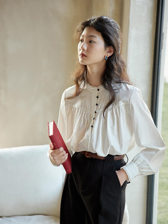 フランスヴィンテージ風 大人の長袖シャツブラウス コットン100  