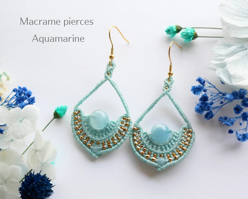 ⭐︎天然石⭐︎アクアマリンマクラメ編みピアス ピアス（フック