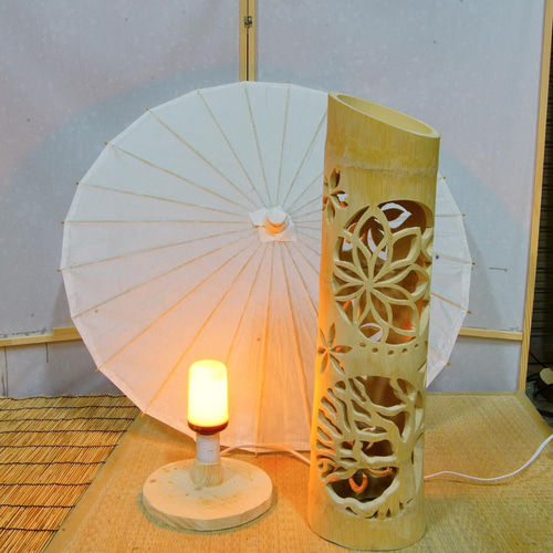 極太竹灯籠 両面彫り 竹灯り 竹ランプ 炎のゆらめき〜〜桜木 