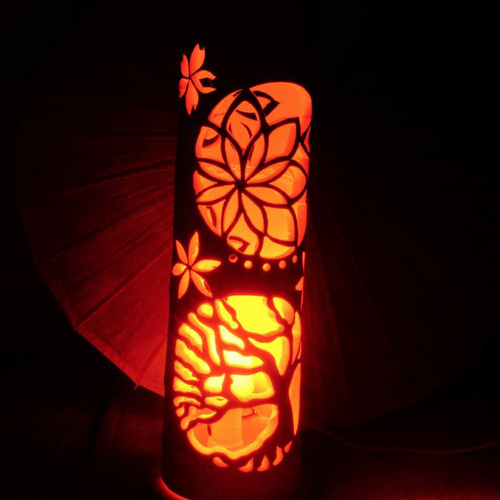 極太竹灯籠　両面彫り　竹灯り 竹ランプ　　炎のゆらめき〜〜桜木〜〜 極太竹灯籠 両面彫り 竹灯り 竹ランプ 炎のゆらめき〜〜桜木