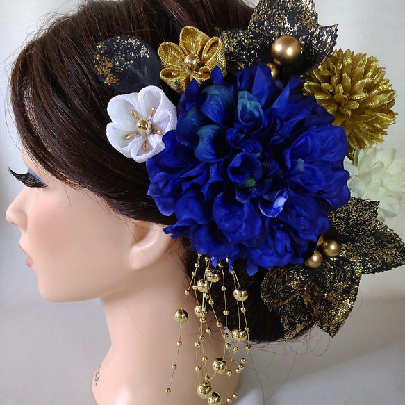 F1905T1 青　髪飾り　結婚式　成人式　つまみ細工　フラワー 青紺＊生成＊華ダリア ❁振袖髪飾り【和 つまみ細工】結婚式