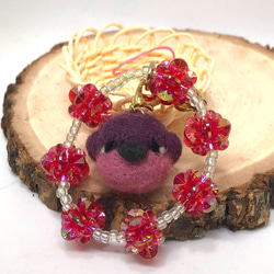 ◆花輪の小鳥　ストラップ　チャーム　紫　羊毛フェルト 1枚目の画像