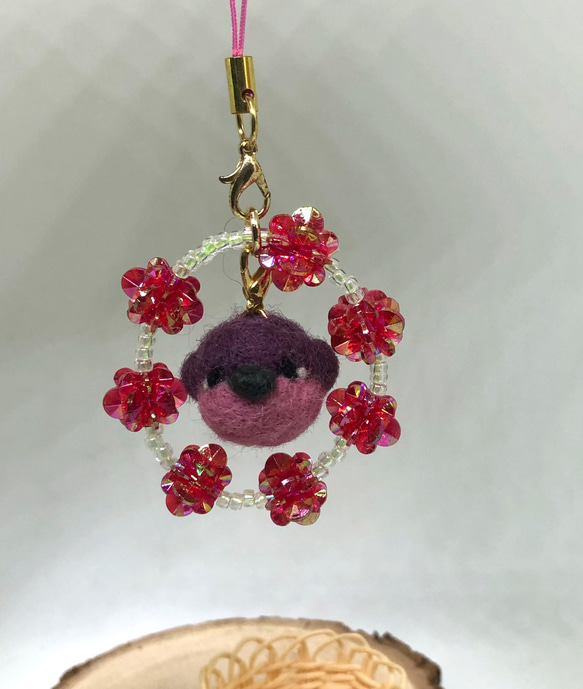 ◆花輪の小鳥　ストラップ　チャーム　紫　羊毛フェルト 6枚目の画像