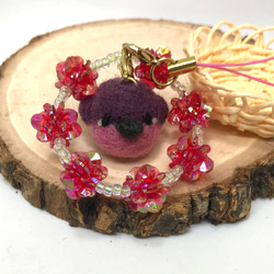 ◆花輪の小鳥　ストラップ　チャーム　紫　羊毛フェルト 2枚目の画像