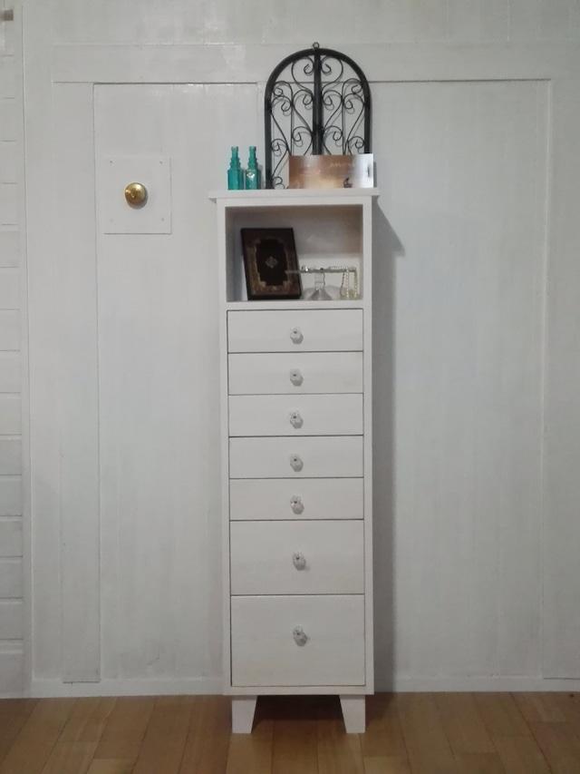 ホワイト薄塗りトールチェスト　オーダーメイド可　引出し収納　アクセサリー収納　T4668