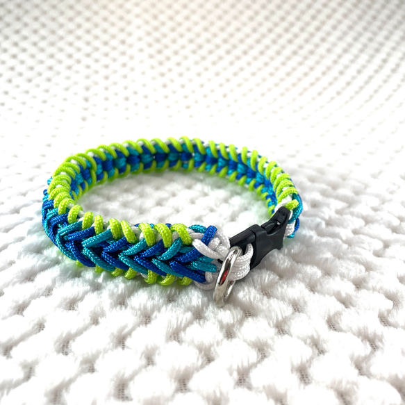 [キット]#289パラコード犬首輪（＃101修正版）白・青・ブルー・グリーン・の小型犬首輪 1枚目の画像