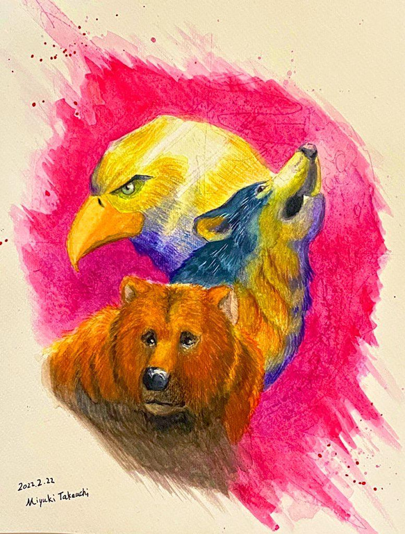 かわいい動物たちの水彩画　熊　狼　鷲　【愛の物語】 3枚目の画像
