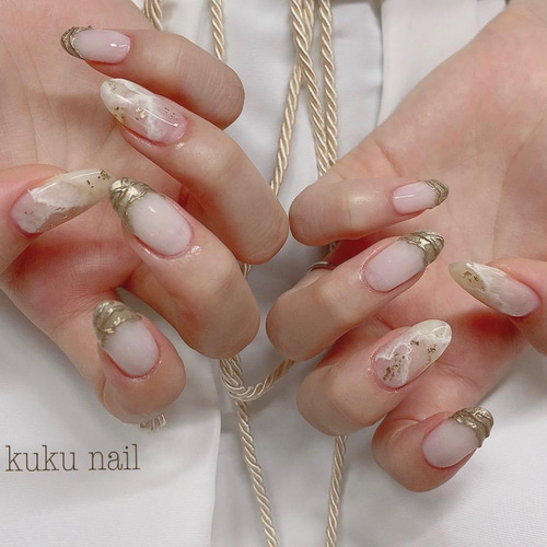 ニュアンスネイル ミラー フレンチ ネイルチップ ハンドメイド ミラーフレンチ×天然石風ネイルチップ×シアホワイト×ニュアンス ネイル