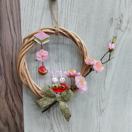 一点物【ひな祭り・おひなさま】桃の花とちりめん兎雛のリース アート
