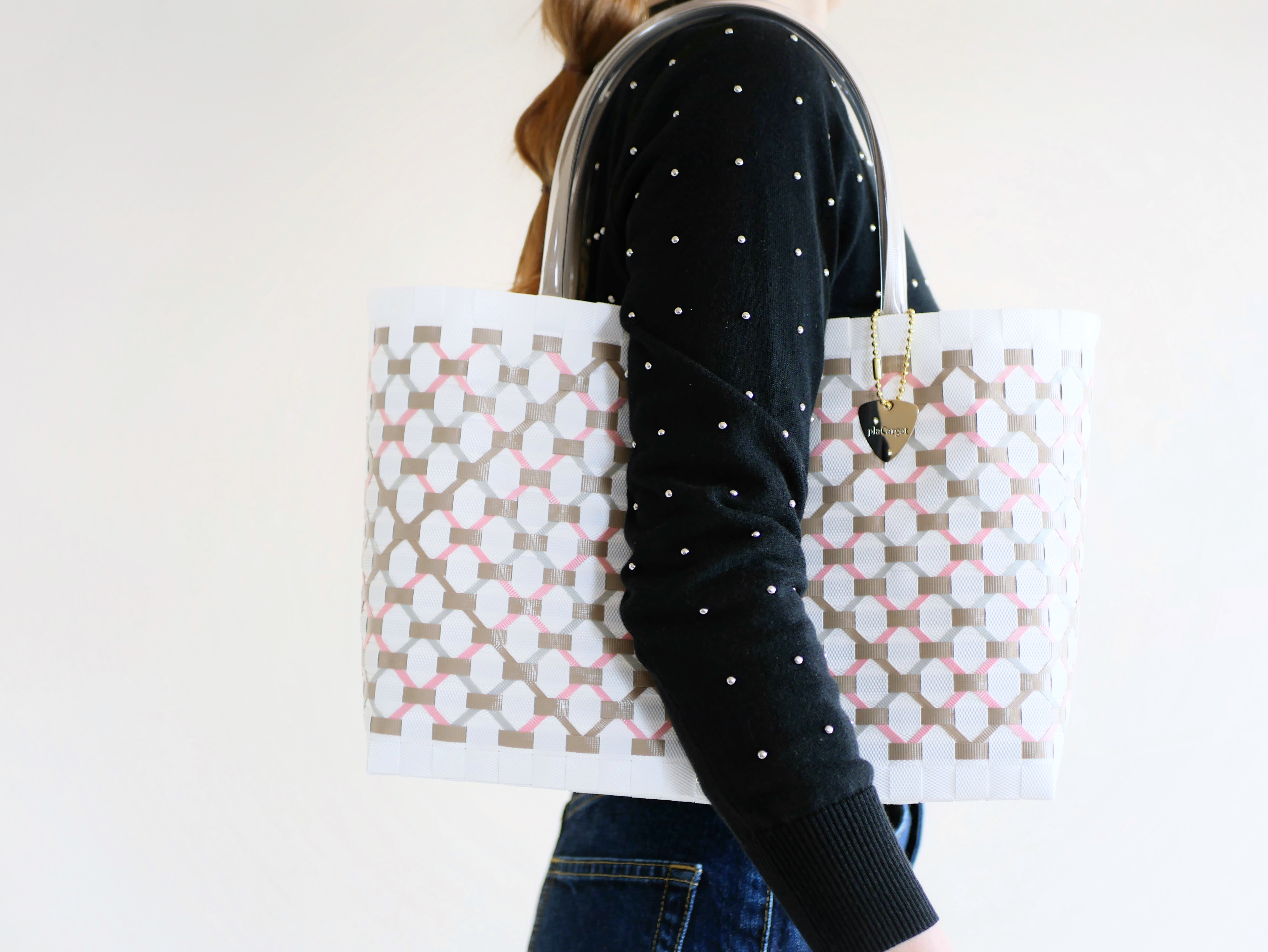 ピンクミルクティL　2WAYプラカゴバッグ　プラカゴ　かごバッグ　スパバッグ　トートバッグ　A4　白　ピンク