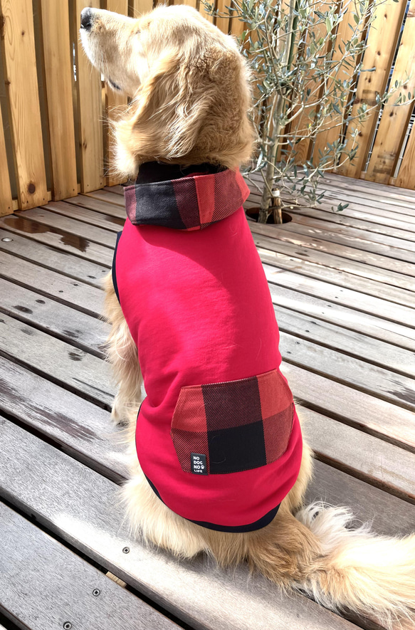 わんこ服❤️真っ赤なスウェットとブロックチェックのフーディ　大型犬用 3枚目の画像