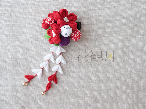 赤いお花シマエナガ髪飾り 3歳七五三 桃の節句 2枚目の画像