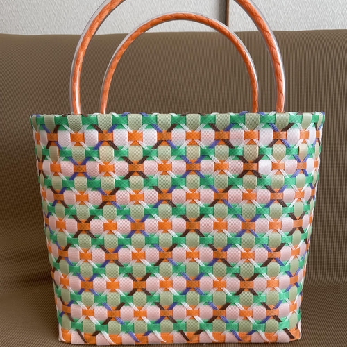 レトロポップなプラカゴ フラワー オレンジ Lサイズ ハンドル短め エコ