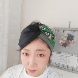 [限量3] nekonokaori | 蕾絲緞帶髮帶| 象牙色和綠色 第2張的照片