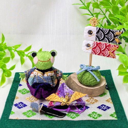 ✾ちりめんカエルの五月人形 ちりめん細工武者飾り福カエル その他置物