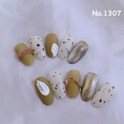 No.1307 ネイルチップ カーキー ニュアンス リングネイル アイボリー