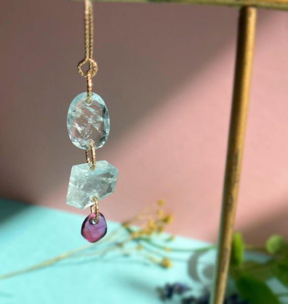 Prana precious gems ✴︎ アクアマリン✴︎ ガーネット✴︎宝石ルースのk14gf ピアス1点もの 4枚目の画像
