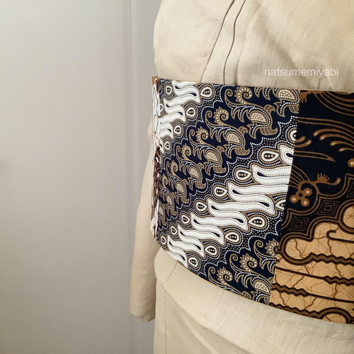◇バティック半幅帯パッチワーク113 navy mustard／kimono ethnic