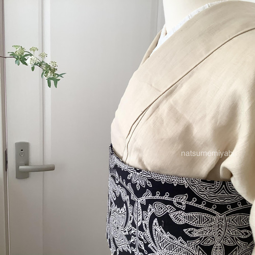 ◇バティック半幅帯パッチワーク114 white fan／kimono ethnic