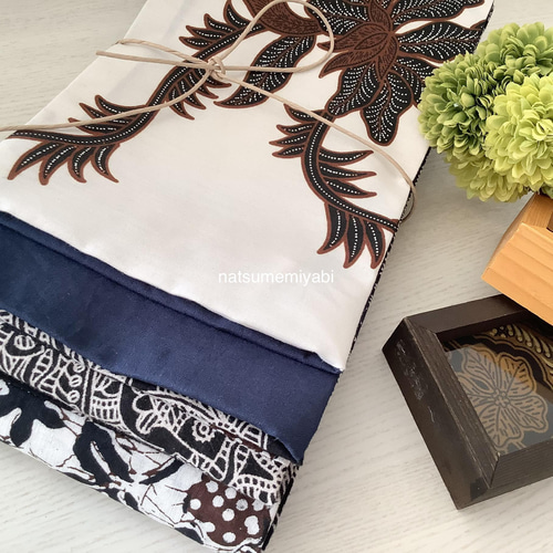 ◇バティック半幅帯パッチワーク114 white fan／kimono ethnic