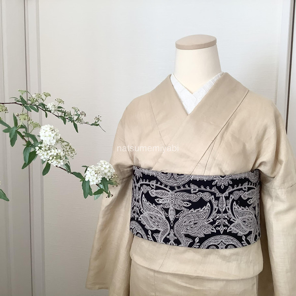 ◆バティック半幅帯パッチワーク114 white fan／kimono ethnic／ナツメミヤビ 8枚目の画像