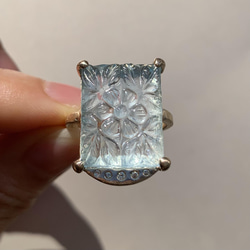 [朝露]K10YG、アクアマリン、ダイヤモンド/天然石リング、指輪、カービングストーン 12枚目の画像