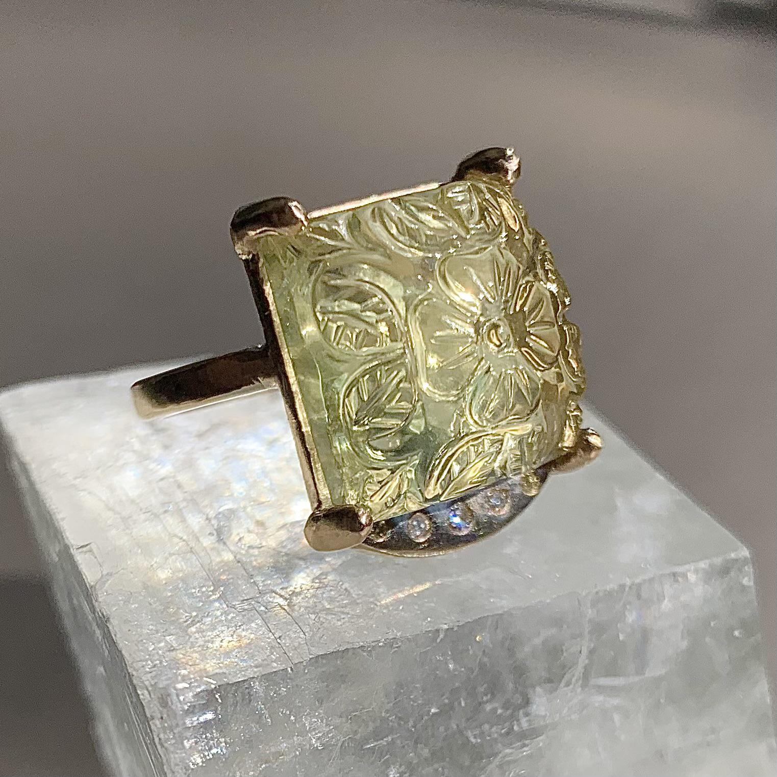 [朝露]K10YG、レモンクォーツ 、ダイヤモンド/天然石リング、指輪、カービングストーン