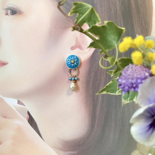青の花瓷 コットンパールの陶器 風ピアス(イヤリング ピアス（スタッド 