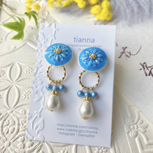 青の花瓷 コットンパールの陶器 風ピアス(イヤリング ピアス（スタッド 
