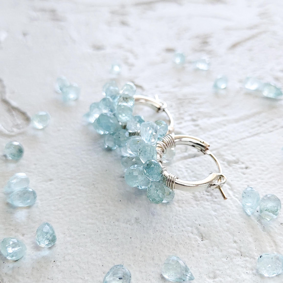 即納送料無料SV925SF Aquamarine drops wrapped hoop earrings 6枚目の画像