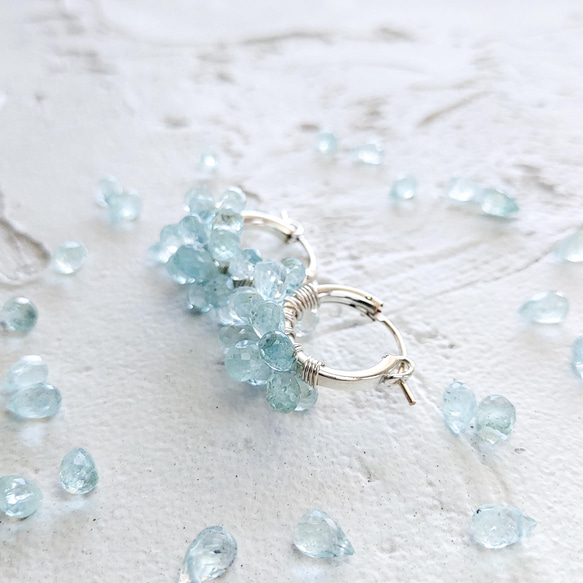 即納送料無料SV925SF Aquamarine drops wrapped hoop earrings 1枚目の画像