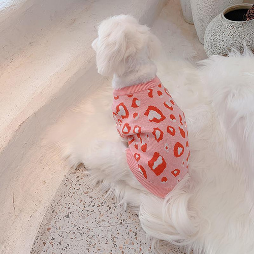犬服 かわいいヒョウ柄セーター 丸首長袖シャツ トレーナー ピンク