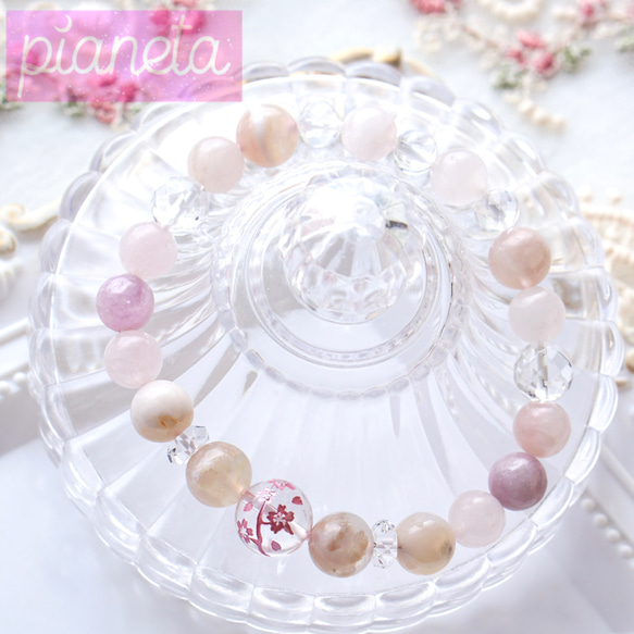 桜彫り水晶 / 桜瑪瑙 / ローズクォーツ / クンツァイト ブレス(16