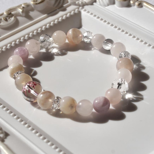 桜彫り水晶 / 桜瑪瑙 / ローズクォーツ / クンツァイト ブレス(16