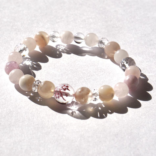 桜彫り水晶 / 桜瑪瑙 / ローズクォーツ / クンツァイト ブレス(16