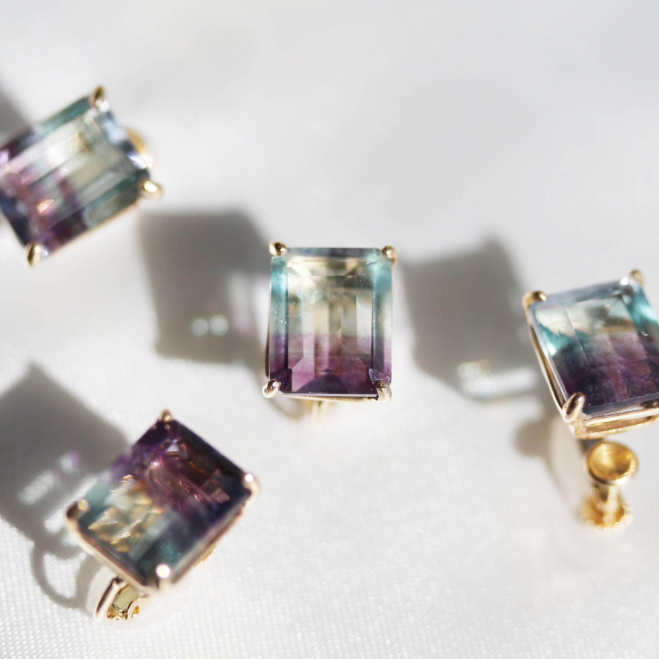 [dawn] バイカラー 天然石 フローライト K10 両耳 イヤリング (ネジバネ式)