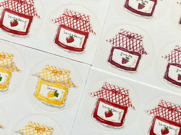 透明水彩画「ジャムシール」北欧イラスト　丸シール４８枚　いちごジャム　イチゴ　ブドウ　レモン　ラッピング　ショップシール 3枚目の画像
