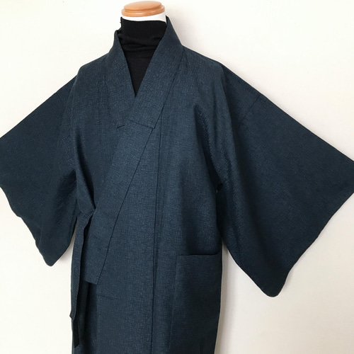 着物リメイク 男性 着物袖 作務衣コート ロング 紺色 無地 和装 着物リメイク 男性 着物袖 作務衣コート ロング 紺色 無地 和装