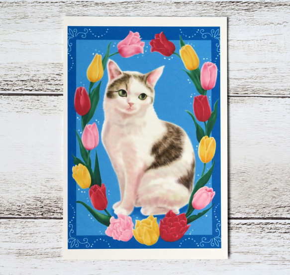 花と猫ポストカード〈スズラン、チューリップ、エレムルス〉３枚セット 3枚目の画像