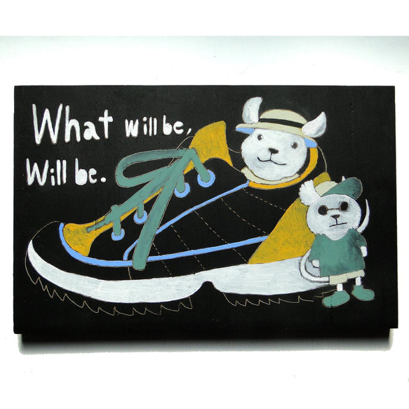 ネズミとスニーカーのウッドバーニングアート 原画 絵画 動物の絵 木雑貨 木工 アナログイラスト アクリル画 1枚目の画像