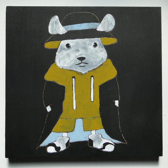 おしゃれ好きなネズミのウッドバーニングアート 原画 絵画 動物の絵 木雑貨 木工 アナログイラスト アクリル画 1枚目の画像