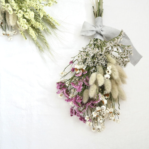 スリムなスワッグ・30cm ・ピンクカラーとベルギーリネンリボン ドライ