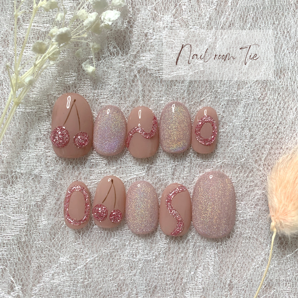 ♡サイズオーダー♡ぷくぷくさくらんぼネイルチップ ぷくぷく